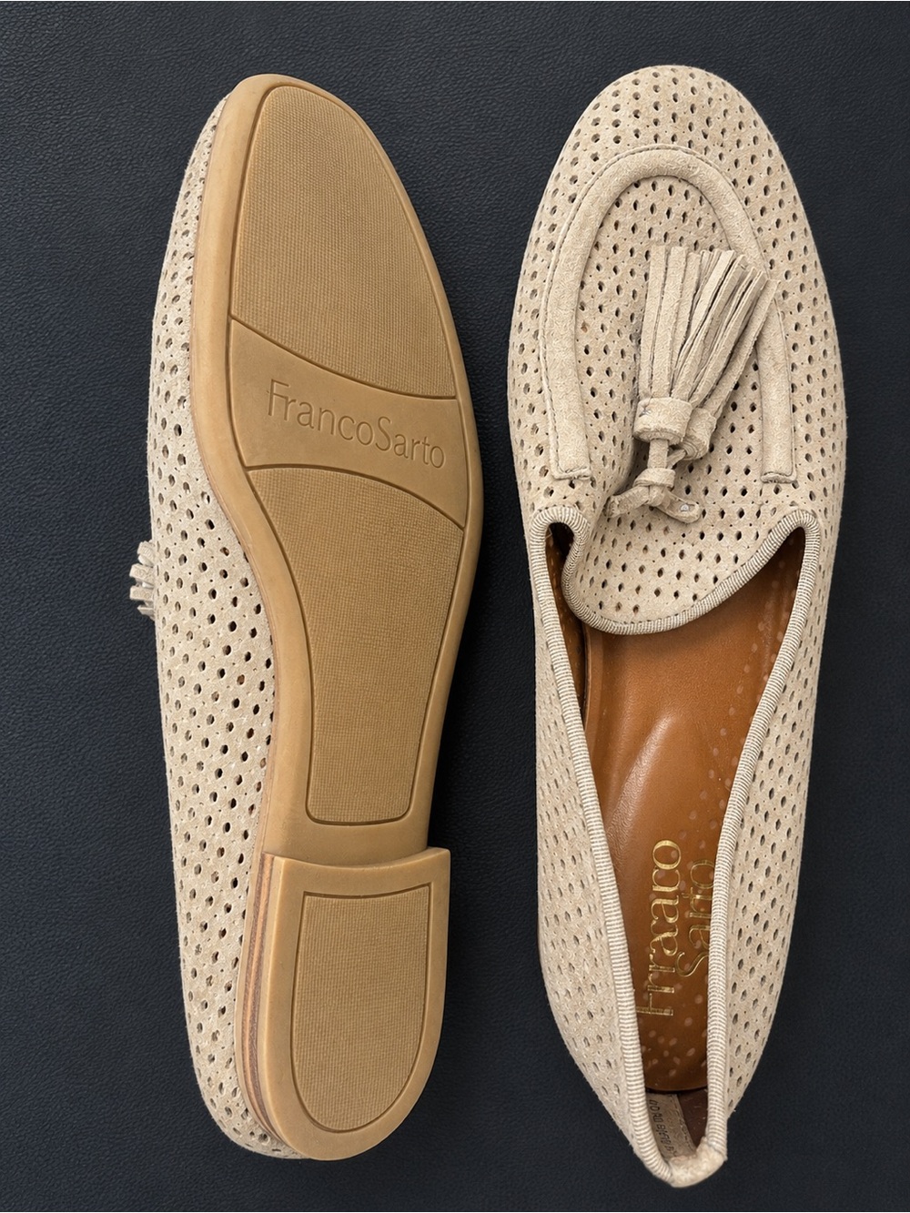 Franco Sarto Perforated Tassel Loafers in Light Beige Suede